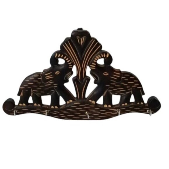 Vintage Hand Carved Two Wooden Elephants w/Tree 5 Key Hanger Made in India - Picture 1 of 4